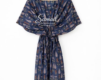 Cotton Printed Kaftan Dress, Blue Boho Lounge Wear, Lightweight Beach Cover Up, Relaxed Resort Style, Gift for Her