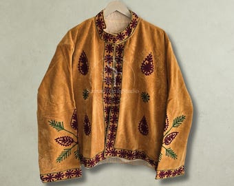 Handmade Sujani Velvet Jacket, Embroidered Coat, Floral Boho Jacket, Women's Ethnic Winter Jacket, Gift For Her