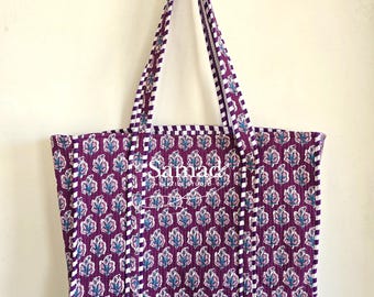 Purple Leaf Block Print Quilted Tote, Handmade Cotton Shoulder Carryall, Bohemian Market Shopper, Large Travel Beach Handbag Gift Women