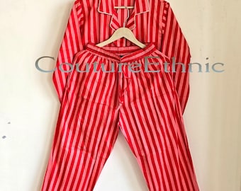 Red Striped Cotton Pajama Set, Women Sleepwear Set, Lightweight Lounge Set, Button Down Night Suit, Summer Loungewear, Gift for Her