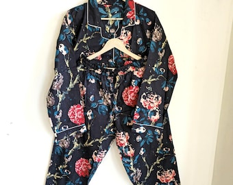 Black Floral Cotton Pajama Set Women, Flower Print Night Suit, Button Down Sleepwear, Comfortable Loungewear Set, Bridesmaid Gift