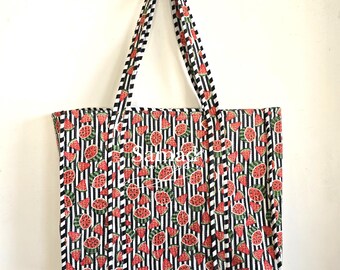 Handmade Quilted Cotton Bag, Watermelon Fruit Print Shopper, Black Stripe Summer Market Carryall, Large Beach Grocery Bag, Gift for Women