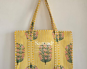 Handmade Quilted Cotton Tote Bag, Yellow Floral Block Print Tote, Large Carryall Shoulder Bag, Everyday Shopping Bag, Boho Travel Gift