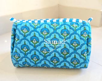 Handmade Cotton Block Print Blue Floral Design, Quilted Travel Organizer Makeup Pouch Set, Zipper Toiletry Bags, Gift for Women