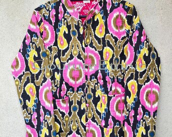 Indian Hand Block Print Quilted Jacket With Pink Floral Boho For Women Ideal Gift For Valentine