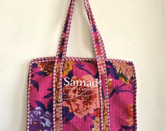 Hand Block Print Quilted Carryall, Cotton Shoulder Tote, Handmade Boho Everyday Accessory, Large Travel Shopping Companion, Gift for Her