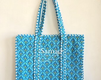 Turquoise Floral Quilted Carryall, Blockprint Cotton Shoulder Shopper, Handmade Bohemian Market Satchel, Spacious Beach Handbag, Womens Gift
