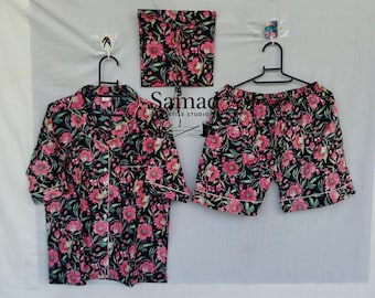 Black Floral Cotton Pajama Set Women, Soft Breathable Nightwear, Button Down Shirt & Shorts, Summer Sleepwear Set