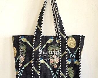 Handmade Cotton Shoulder Shopper, Black Tropical Bird Quilted Tote Bag, Large Travel Market Bag Gift Women