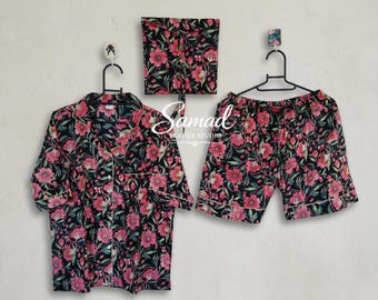 Conjunto de pijama feminino em algodão floral, conjunto macio para relaxar, pijama de verão, roupa de dormir com botões, presente para madrinhas, roupa de férias