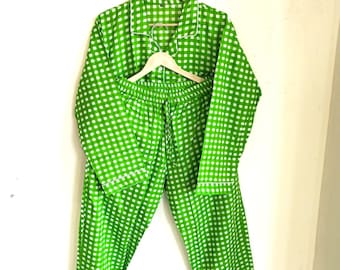 Green Gingham Hand Block Print Cotton Pajama Set, Women’s Summer Night Suit, Handmade Cotton Sleepwear, Comfortable Loungewear Gift