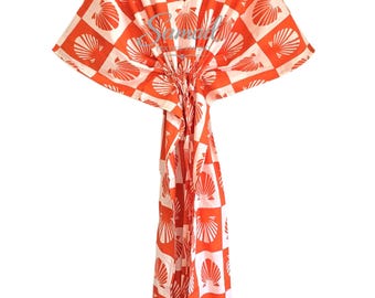 Orange Printed Kaftan Dress, Lightweight Cotton Lounge Wear, Relaxed Fit Summer Outfit, Casual Home Wear, Breezy Boho Style