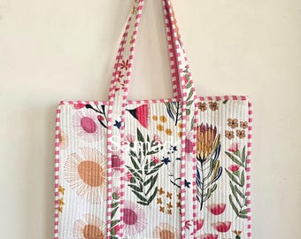 Quilted Cotton Tote Bag, Handmade Block Print Bag, Floral Everyday Carry Tote, Large Shoulder Bag, Travel Shopping Tote, Boho Gift for Her