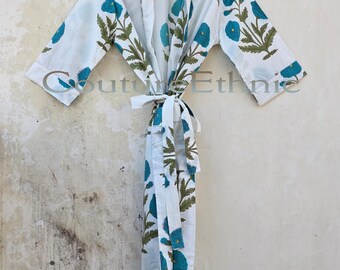 Cotton Kimono Robe, Hand Block Print Floral Robe, Boho Lounge Robe, Lightweight Bathrobe, Bridesmaid Robe, Summer Resort Wear Gift for Her