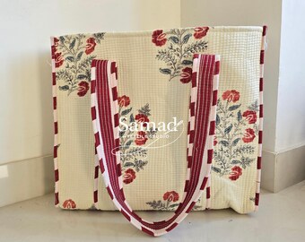 Handblock Print Cotton Tote Bag, Quilted Floral Boho Shoulder Bag, Handmade Eco Friendly Shopper, Gift for Her
