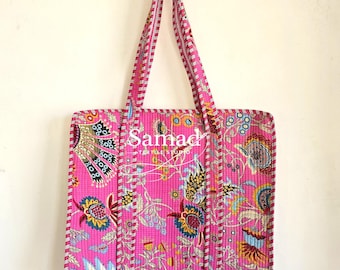 Handmade Quilted Cotton Tote Bag, Floral Block Print Shoulder Carryall, Lightweight Everyday Shopper for Travel, Beach, Work, Gift for Women