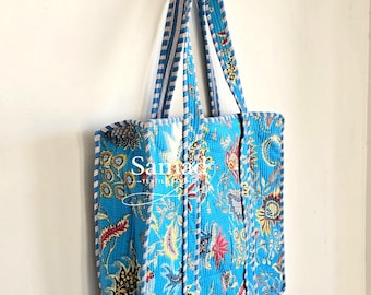 Handmade Quilted Cotton Tote Bag, Blue Boho Block Print Tote, Large Carryall Shoulder Bag, Everyday Shopping Bag, Travel Gift for Her