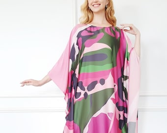 Mischung Seiden-Kaftan: Abstraktes Pink-Print-Maxikleid, Plus-Size-Resort-Wear-Geschenk für Sie
