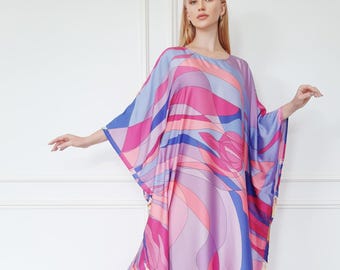 Pink kaftan abstract print, luxury kaftan designer dress, vintage theme kaftan house dress, vacation kaftan lounge wear, kaftan for beach