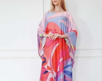 Floral kaftan silk blend, summer lounge wear house dress, beach dressing resort robe, free size