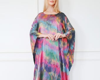 Pure silk dress kaftan wedding gown, tie dye caftan silk natural, summer lounge wear silk gown, pool cover up resort, silk beach wear summer