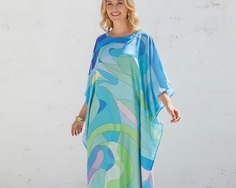 Blend silk kaftan blue dress, resort caftan wear, 1970 Theme classic gown, Pool Cover Up, formal kaftan party, Gift for her