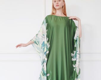 Kaftan: blend silk kaftan green, Lily kaftan wedding dress, One size fit all, kaftan tall women, gift for her, summer lounge wear