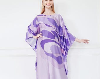 Silk Blend Kaftan Dress: Pastel Abstract Print Resort Wear