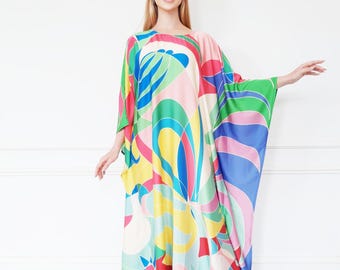 Vivid kaftan plus size, Summer caftan vacation dress, Blend silk resort Miami, beach dressing gown