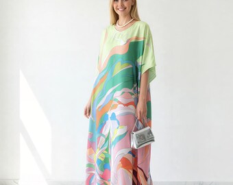 kaftan silk blend, classic kaftan designer dress, 1970 kaftan theme, abstract print, full length kaftan custom made, gift for her