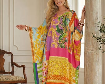 floral kaftan vibrant print Sicily print : holiday dress silk blend, pink caftan, one size plus caftan beach wedding, gift for her, custom