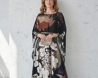 kaftan silk blend, floral kaftan bird print, classic kaftan Hawaii wedding dress, full length kaftan long sleeve, gift for her