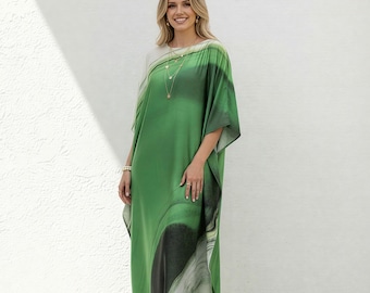 Green kaftan dressing gown, summer kaftan beach wedding dress, Maxi gown resort, blend silk caftan gift for her, free size
