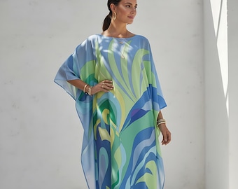 Abito da resort in caftano blu, abito estivo da spiaggia in caftano per matrimonio, abito da crociera in caftano per le vacanze, regalo per lei, caftano di lusso lungo fino alla caviglia