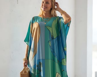 Blue kaftan full length, Resort dress beach caftan, Cruise gown holiday, summer lounge wear