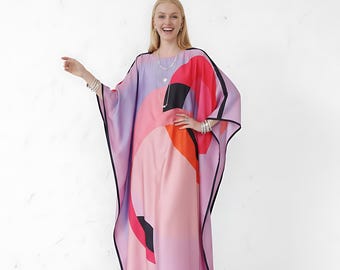 Maxi kaftan long sleeves, custom size for taller women, blend silk kaftan beach wear, Red kaftan abstract print, Gift for mother