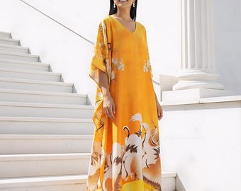 Gold kaftan bird print, beach wedding dress for guest, gift for her, cruise caftan cover up, summer loung wear silk blend