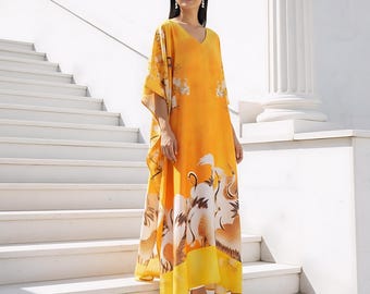 Blend silk kaftan yellow, kaftan for tall women, gift for her, beach wear pool cover up plus size