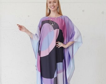 Luxury kaftan designer dressing gown, beach wear resort caftan, summer house dress, silk blend, gift for her