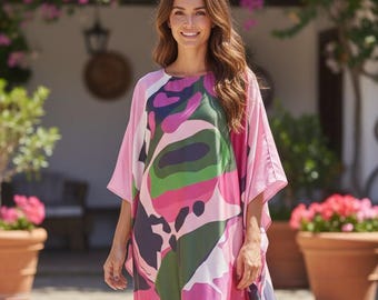 Beack Kaftan pink, blend silk kaftan summer abstract print, luxury kaftan resort wear, dinner party kaftan event, formal kaftan wedding