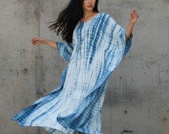 Caftan azul para praia, vestido Bali tie-dye, roupão de algodão para o verão, férias em Ibiza