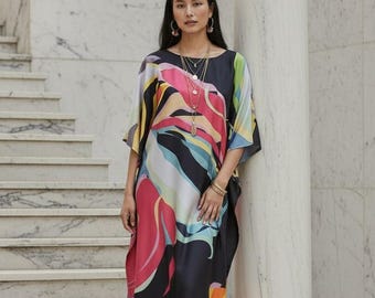 1960s theme kaftan black dress- silk blend caftan vintage- goddess dress