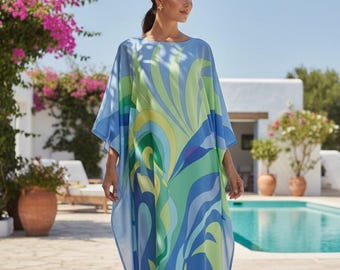 Kaftan silk blend, blue kaftan resort wear, summer caftan full length, custom made, beach kaftan cover up, wedding kaftan gown, gift for her