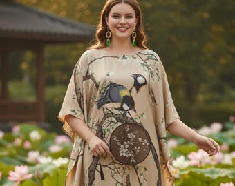Bird kaftan Asian theme, blend silk kaftan brown beige, classy kaftan wedding summer, one size fit all, custom for short women, gift for her