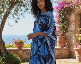 Blue caftan classic dress, Cruise caftan beach wear, Rococo print, gift for her, summer lounge wear