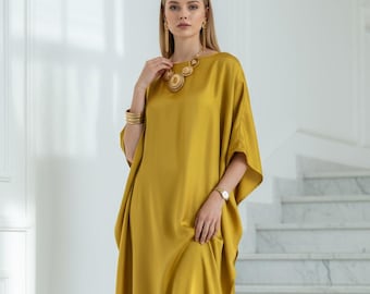 gold kaftan gift for mother : custom size, silk dress lounge wear, comfort cruise dress