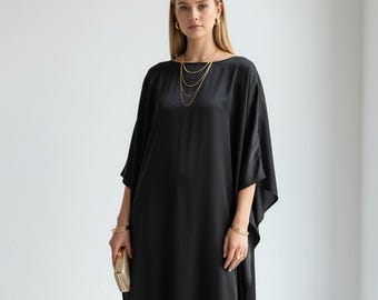 Silk kaftan black dress, black kaftan full length, custom made all size, silk caftan lounge wear, kaftan for night party, gift for her