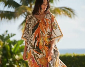 Robe florale caftan en soie, vêtements de plage caftan en sergé de soie, vêtements de détente d'été, cadeau caftan taille libre pour elle, cadeau caftan orange pour elle