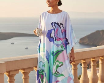 Silk Blend Kaftan Dress: Abstract Print Maxi, Plus Size Resort Wear