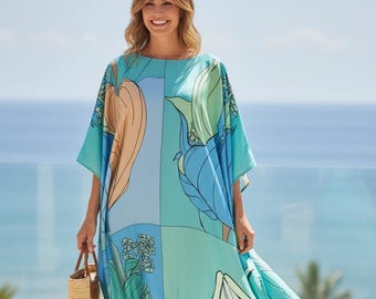 Blue kaftan silk blend, summer kaftan full length, Vacation kaftan blue dress, lounge wear caftan cruise Dubai Abaya, Gift for her